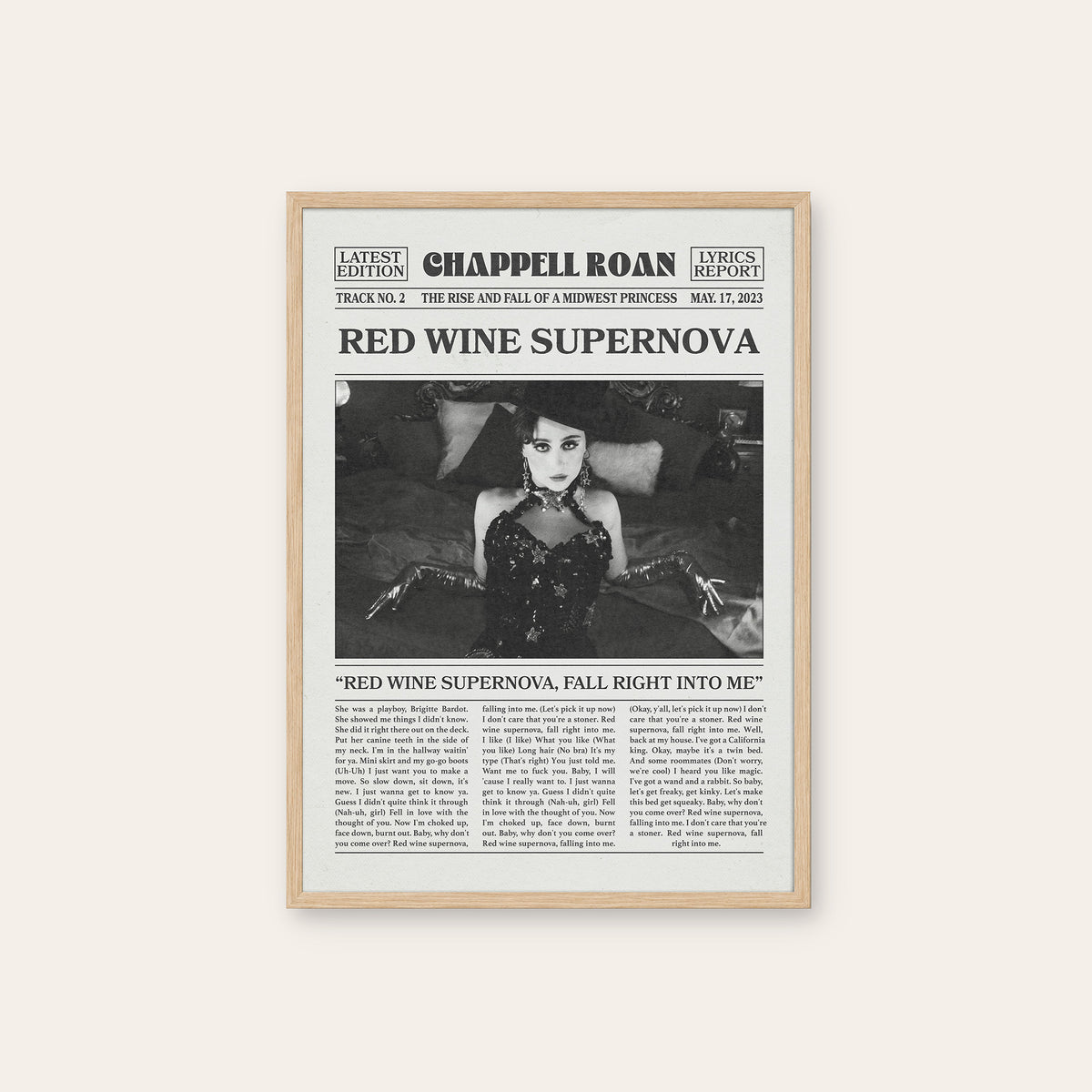 Chappell Roan Red Wine Supernova newspaper poster — natural wood frame