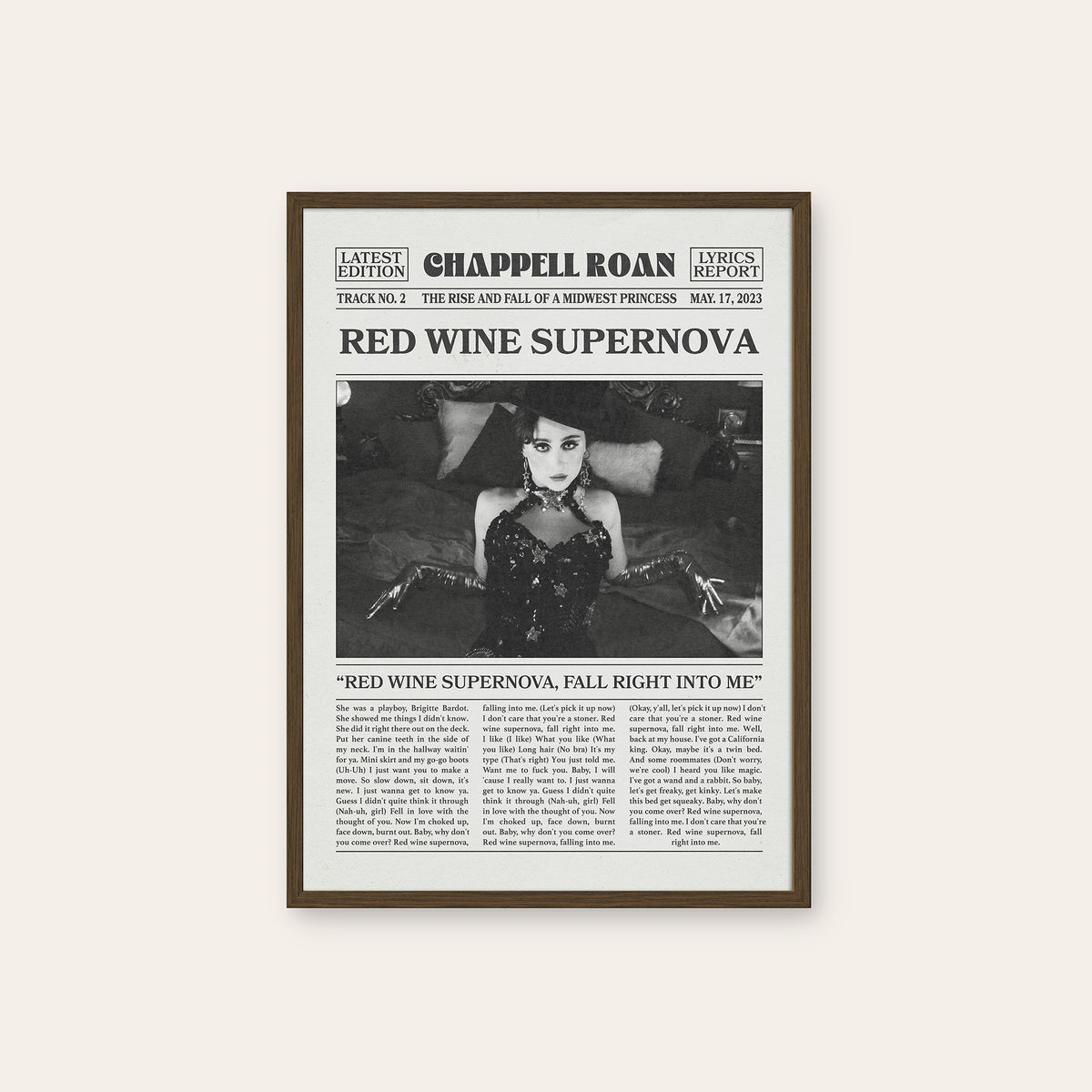 Chappell Roan Red Wine Supernova newspaper poster — dark wood frame