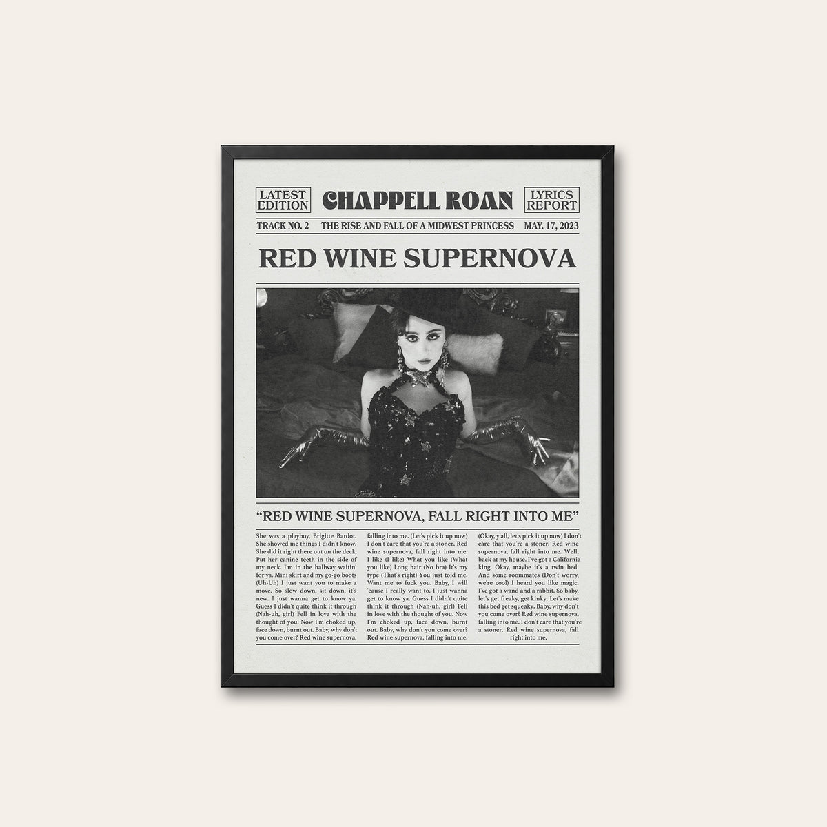 Chappell Roan Red Wine Supernova newspaper poster — black frame