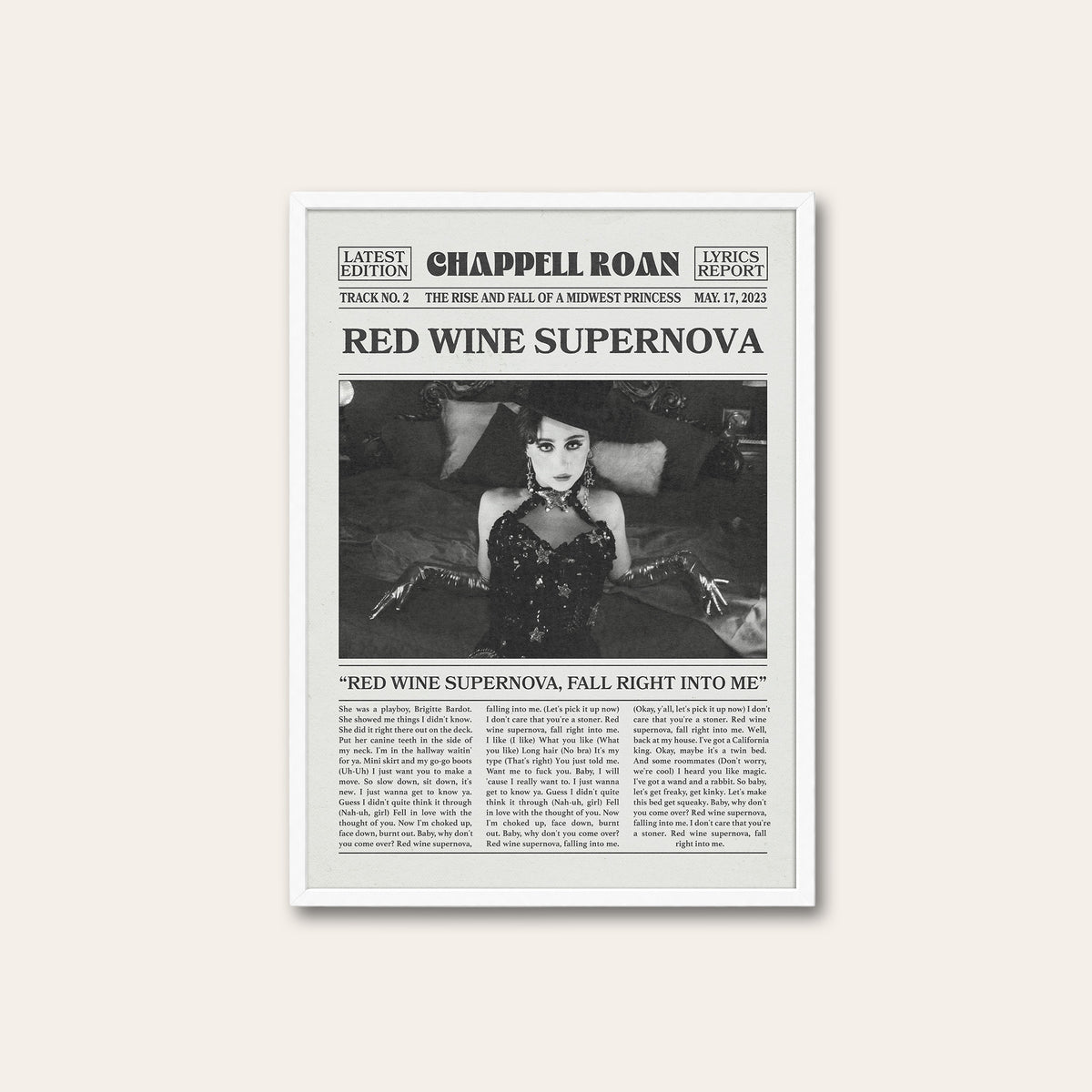 Chappell Roan Red Wine Supernova newspaper poster — white frame