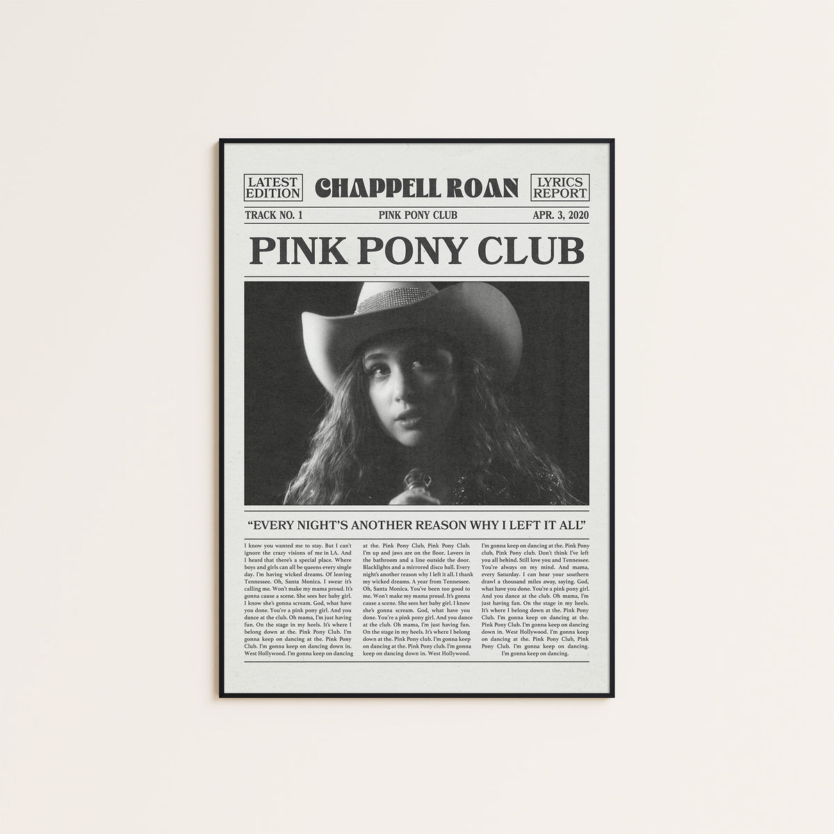 Chappell Roan Pink Pony Club newspaper poster — black frame display