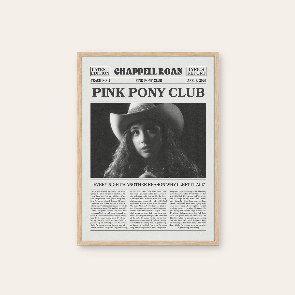 Chappell Roan Pink Pony Club newspaper poster — natural wood frame