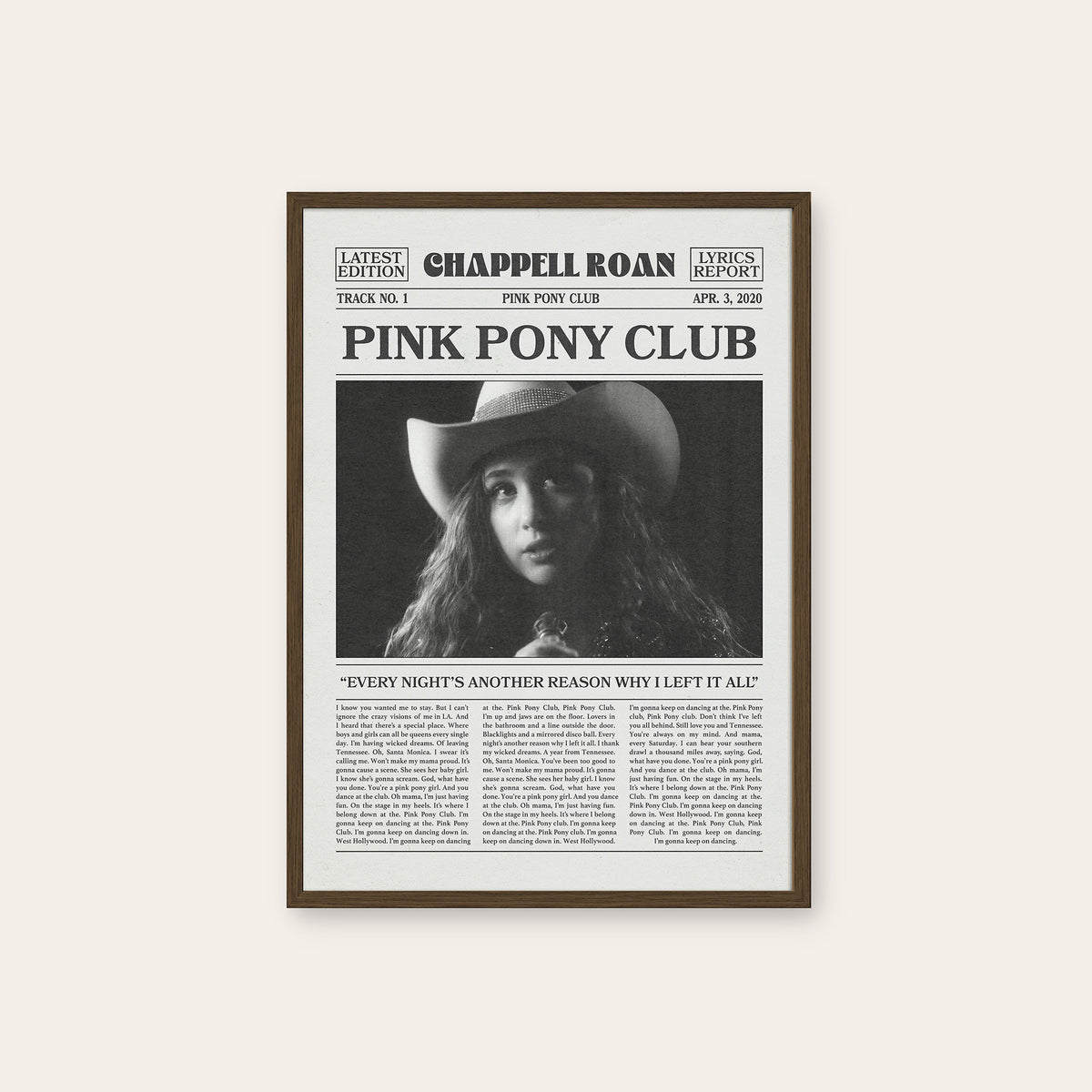 Chappell Roan Pink Pony Club newspaper poster — dark wood frame