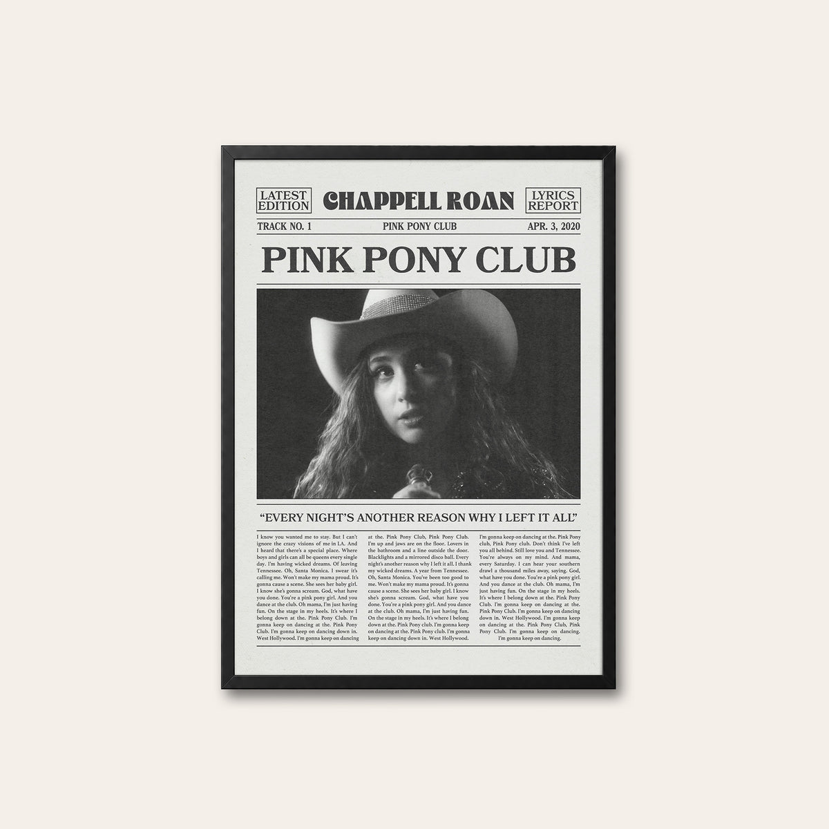 Chappell Roan Pink Pony Club newspaper poster — black frame