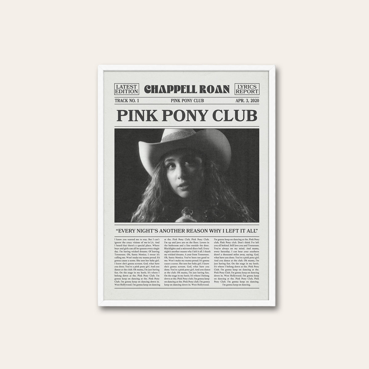 Chappell Roan Pink Pony Club newspaper poster — white frame