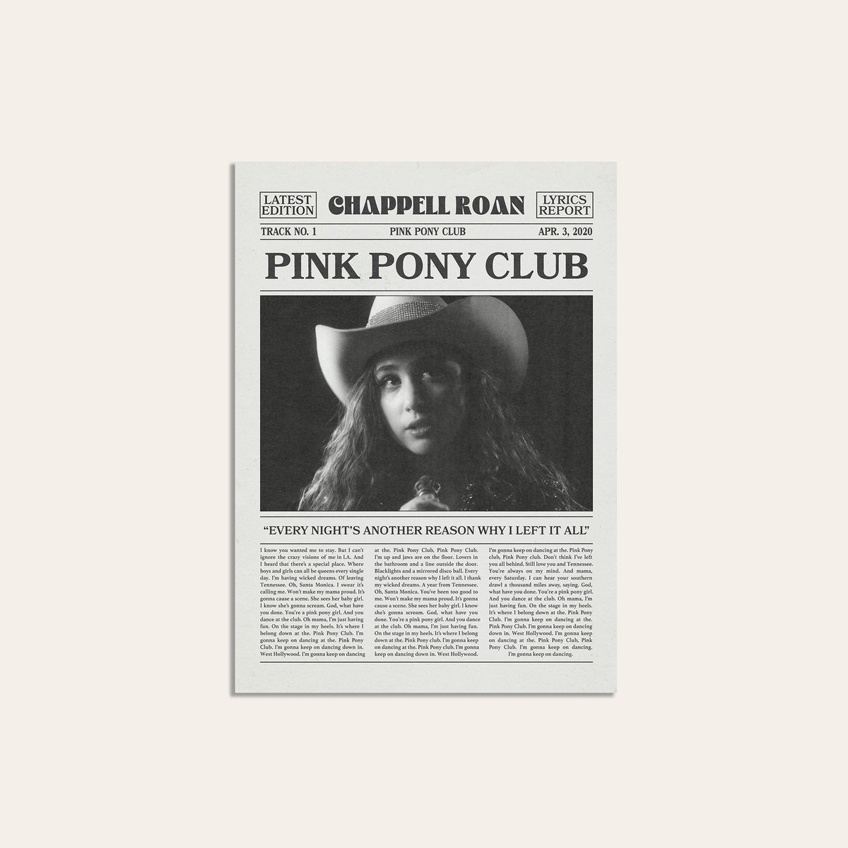 Chappell Roan Pink Pony Club newspaper poster — unframed print
