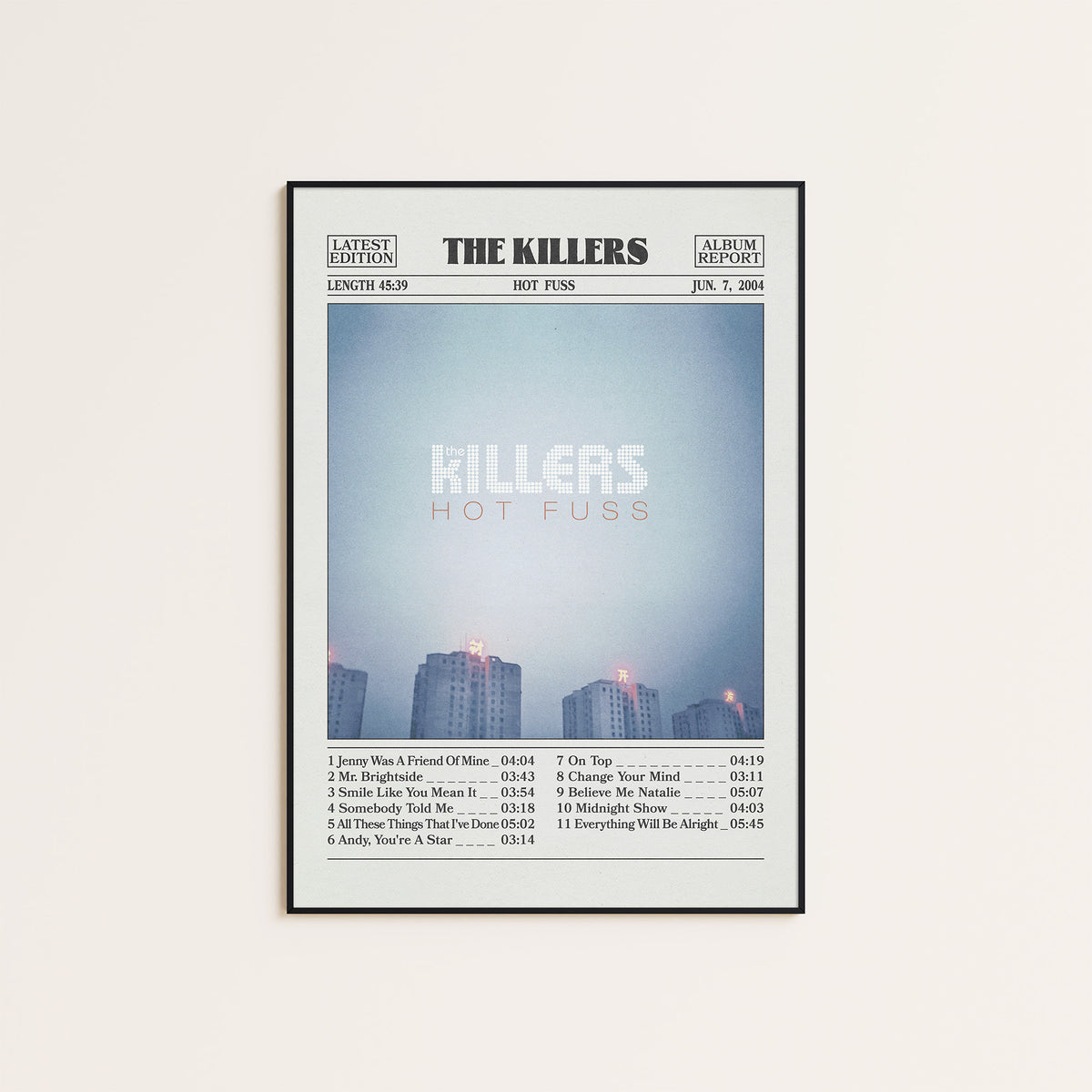 The Killers Hot Fuss newspaper poster — black frame display