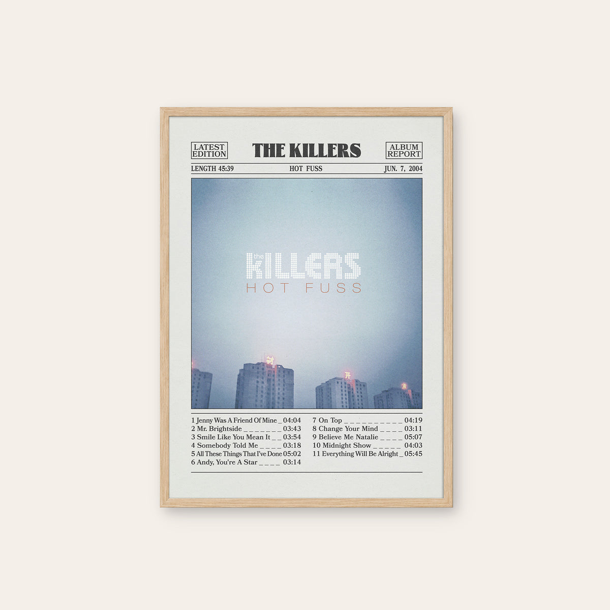 The Killers Hot Fuss newspaper poster — natural wood frame
