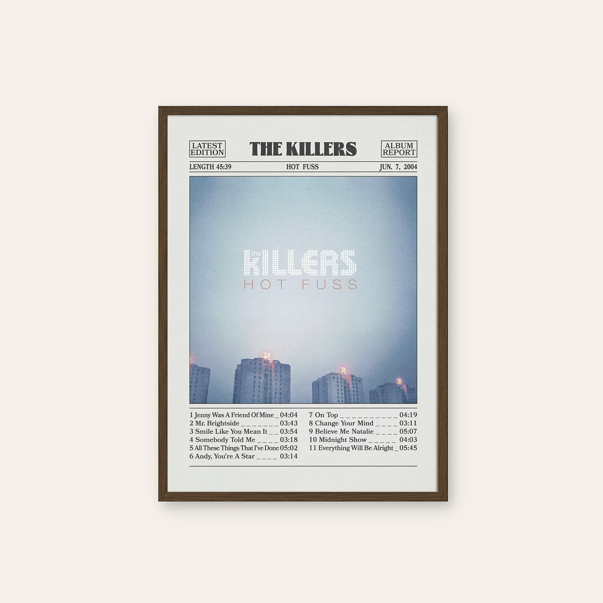 The Killers Hot Fuss newspaper poster — dark wood frame