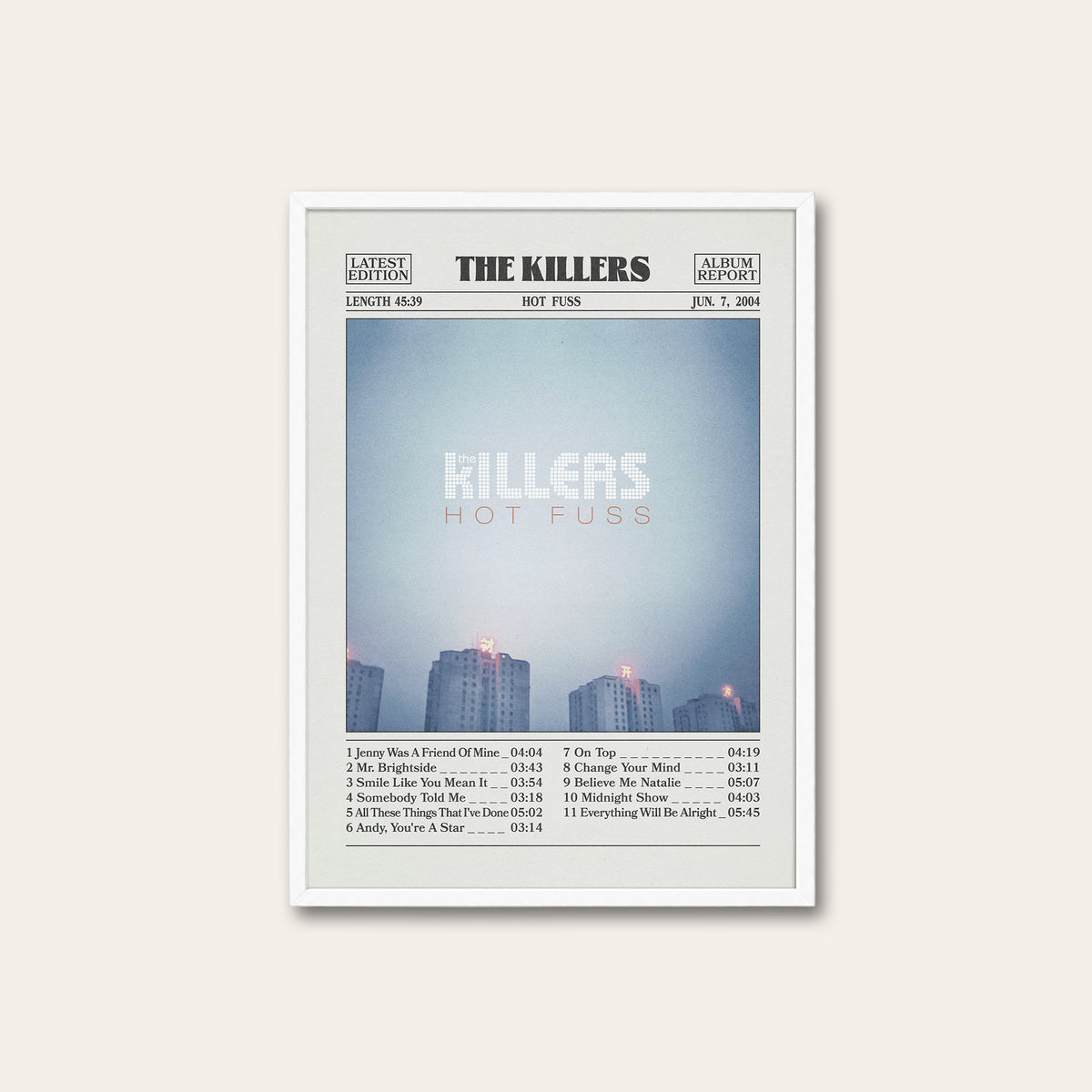 The Killers Hot Fuss newspaper poster — white frame