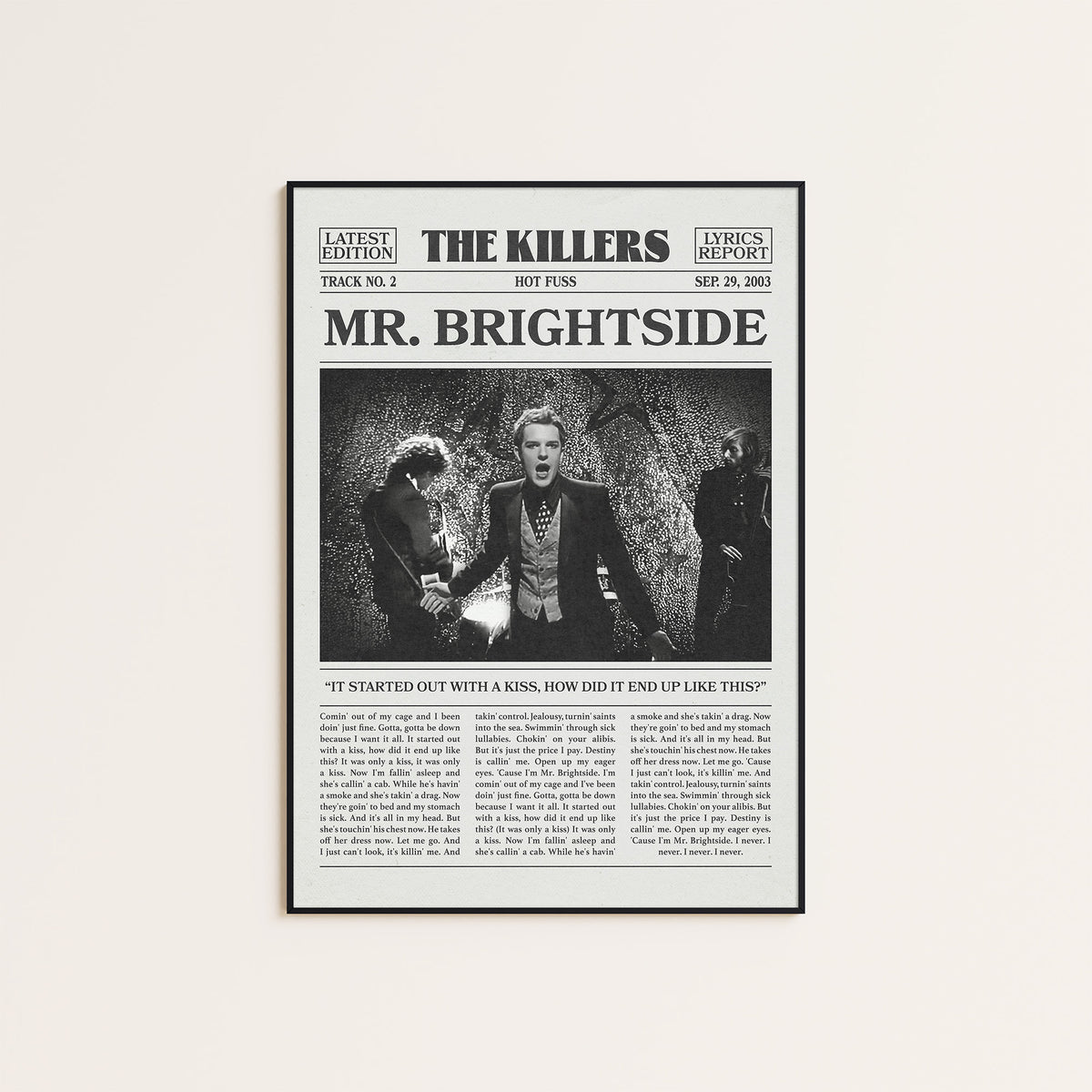 The Killers Mr. Brightside newspaper poster — black frame display