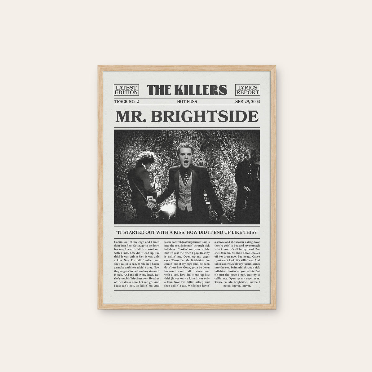 The Killers Mr. Brightside newspaper poster — natural wood frame