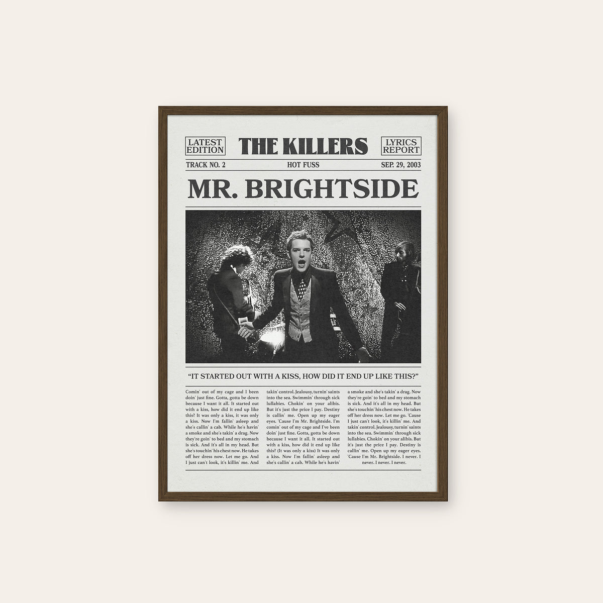The Killers Mr. Brightside newspaper poster — dark wood frame