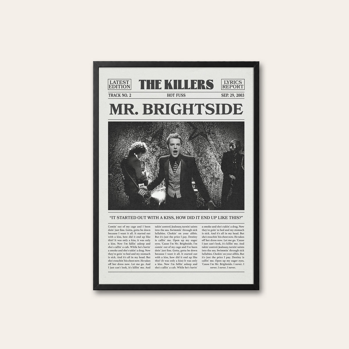 The Killers Mr. Brightside newspaper poster — black frame