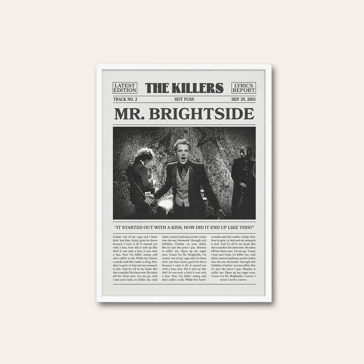 The Killers Mr. Brightside newspaper poster — white frame