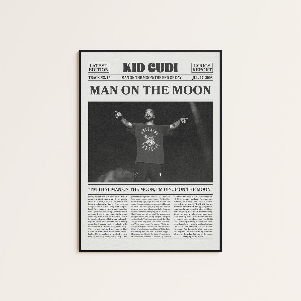Kid Cudi Man on the Moon newspaper poster — black frame display