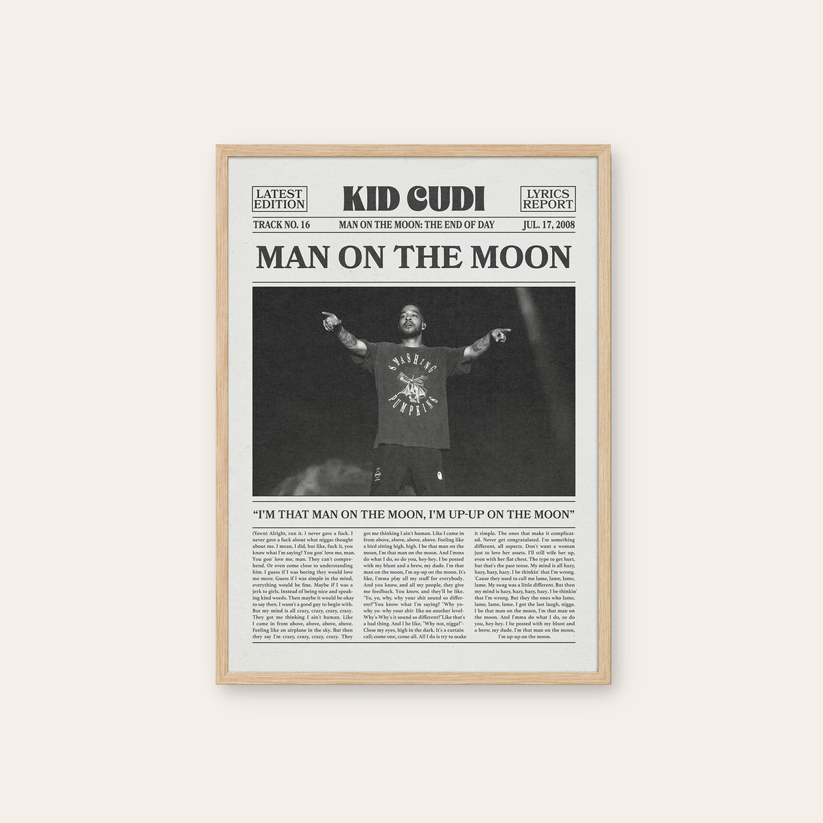 Kid Cudi Man on the Moon newspaper poster — natural wood frame