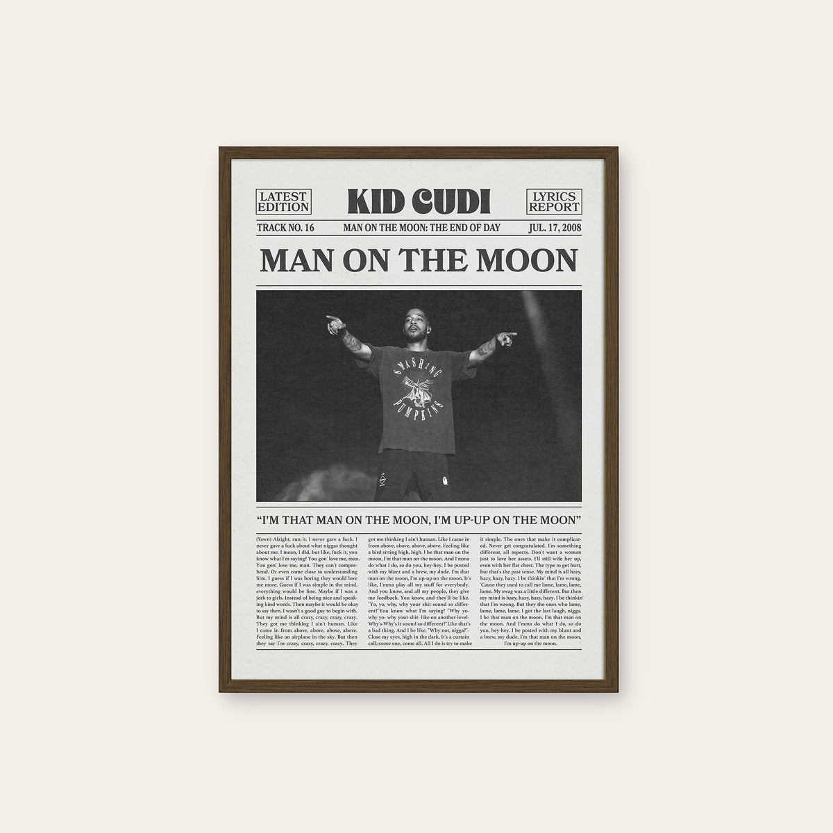 Kid Cudi Man on the Moon newspaper poster — dark wood frame