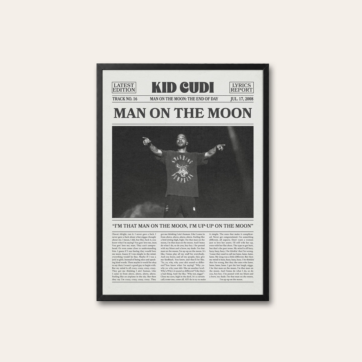 Kid Cudi Man on the Moon newspaper poster — black frame