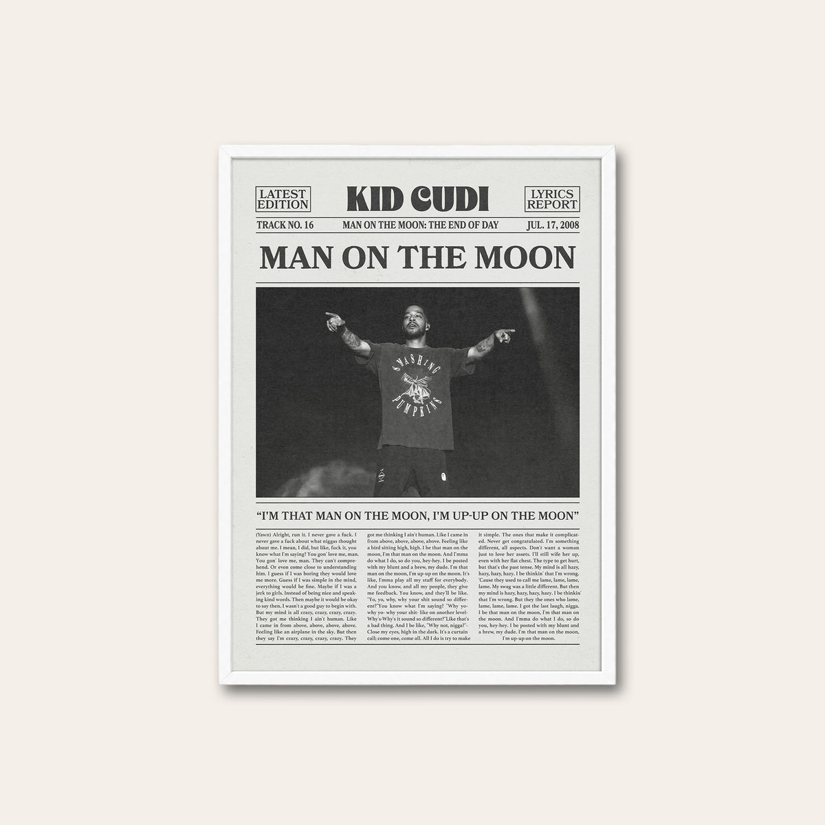 Kid Cudi Man on the Moon newspaper poster — white frame