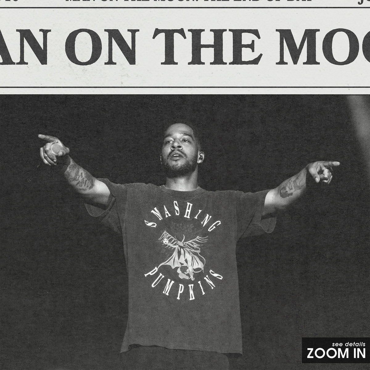 Kid Cudi Man on the Moon newspaper poster — close-up detail
