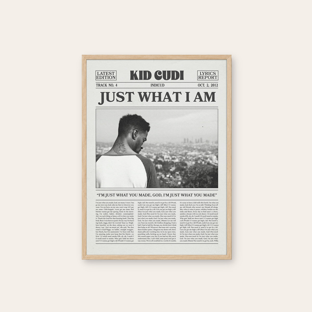 Kid Cudi Just What I Am newspaper poster — natural wood frame