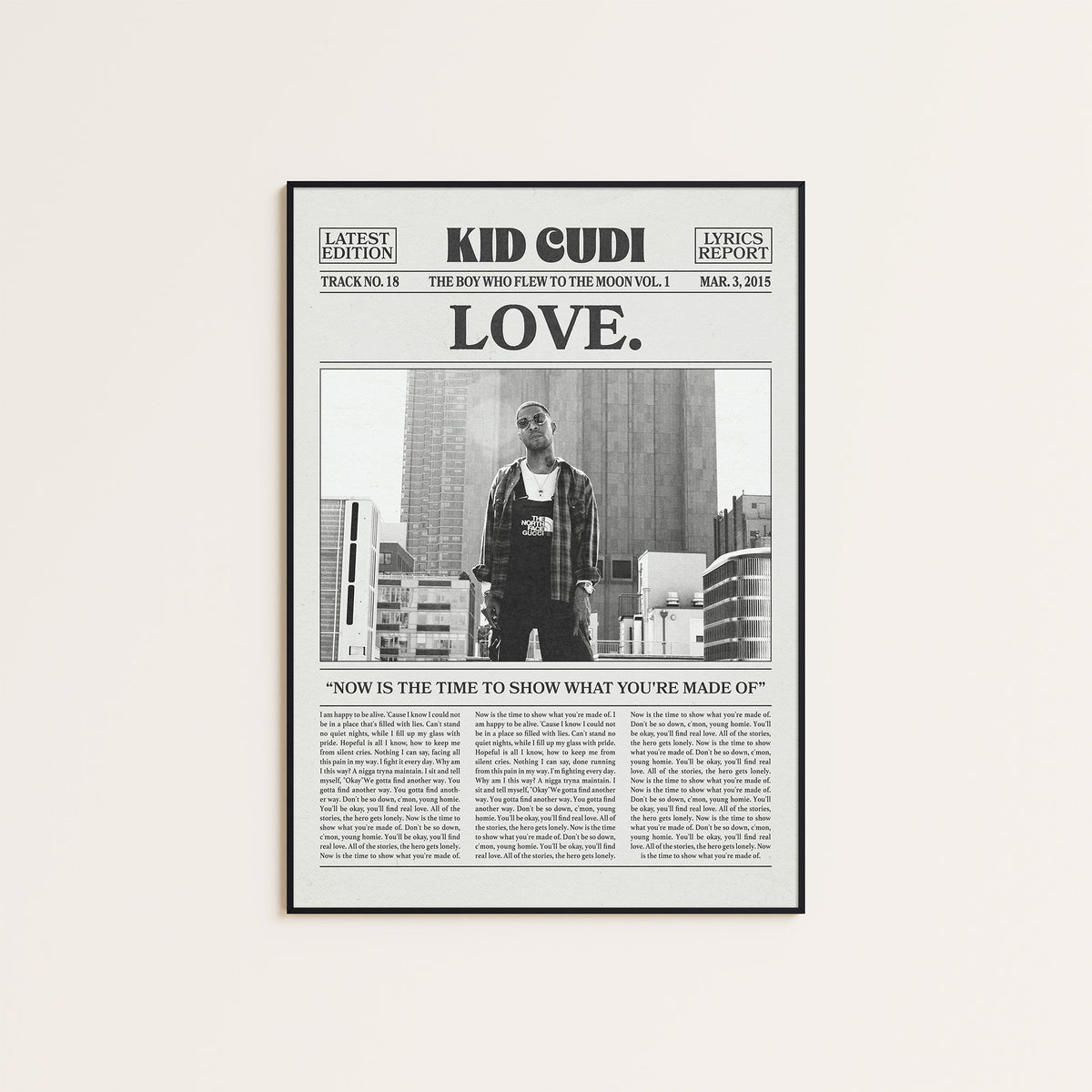 Kid Cudi Love. newspaper poster — black frame display