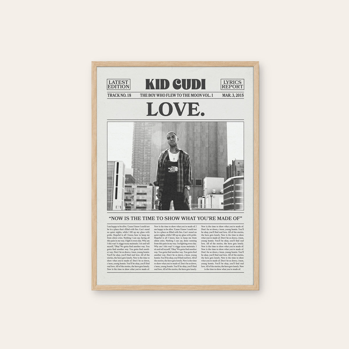 Kid Cudi Love. newspaper poster — natural wood frame