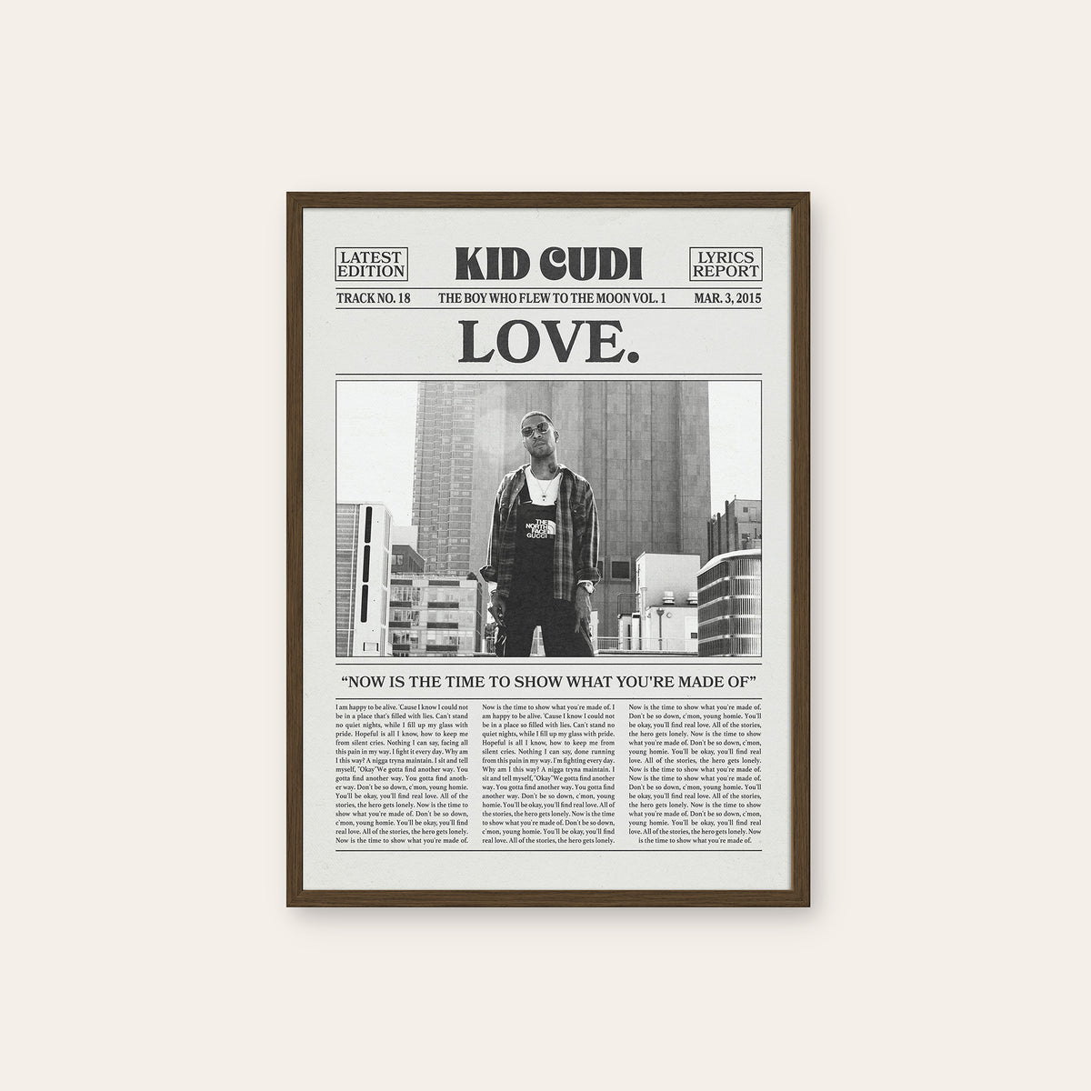 Kid Cudi Love. newspaper poster — dark wood frame