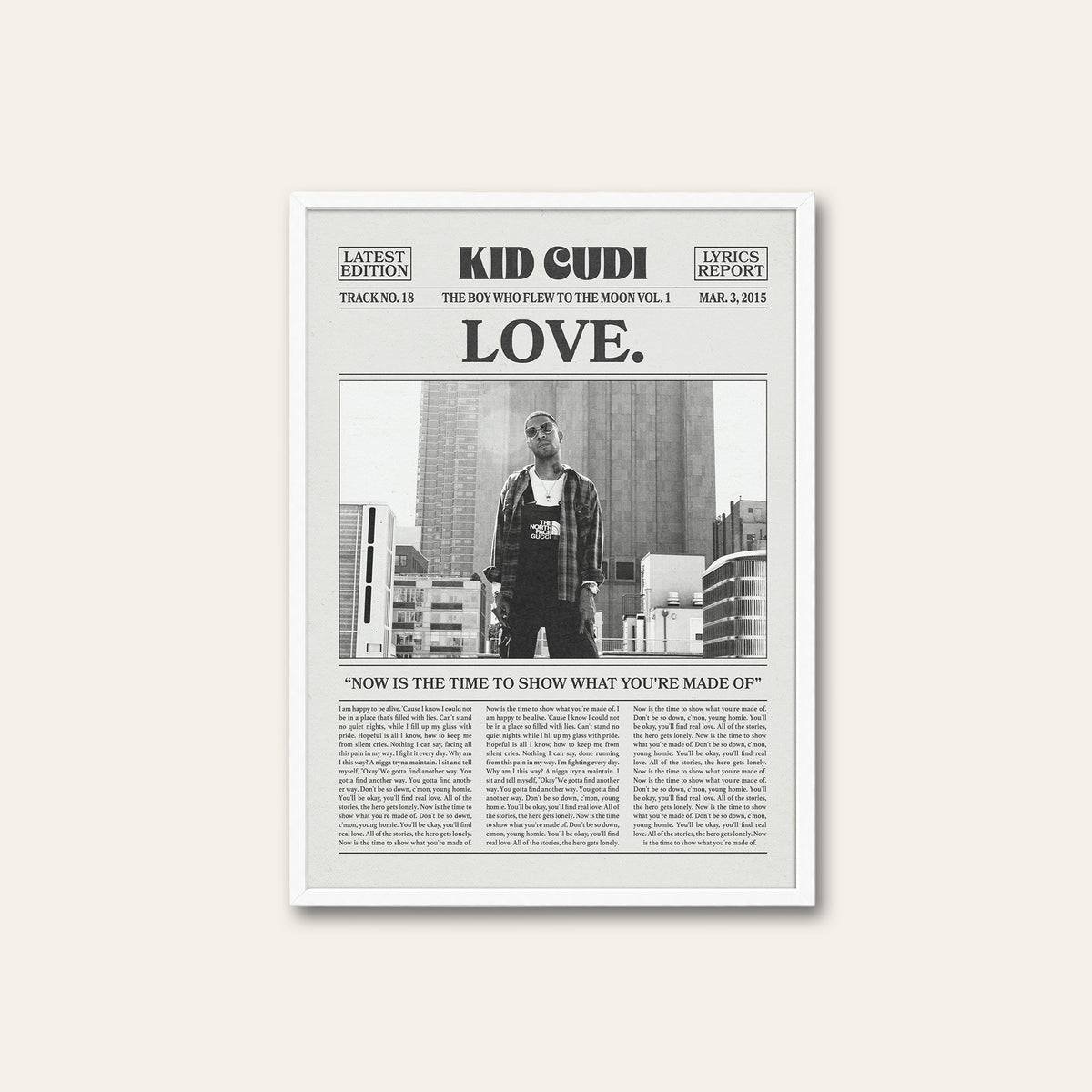 Kid Cudi Love. newspaper poster — white frame