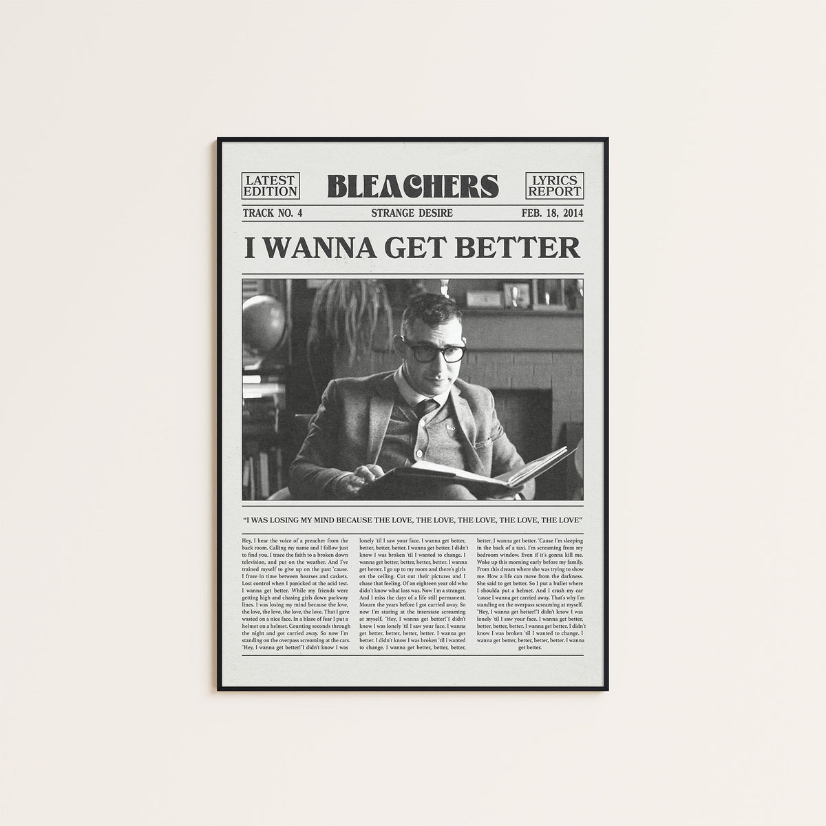 Bleachers I Wanna Get Better newspaper poster — black frame display