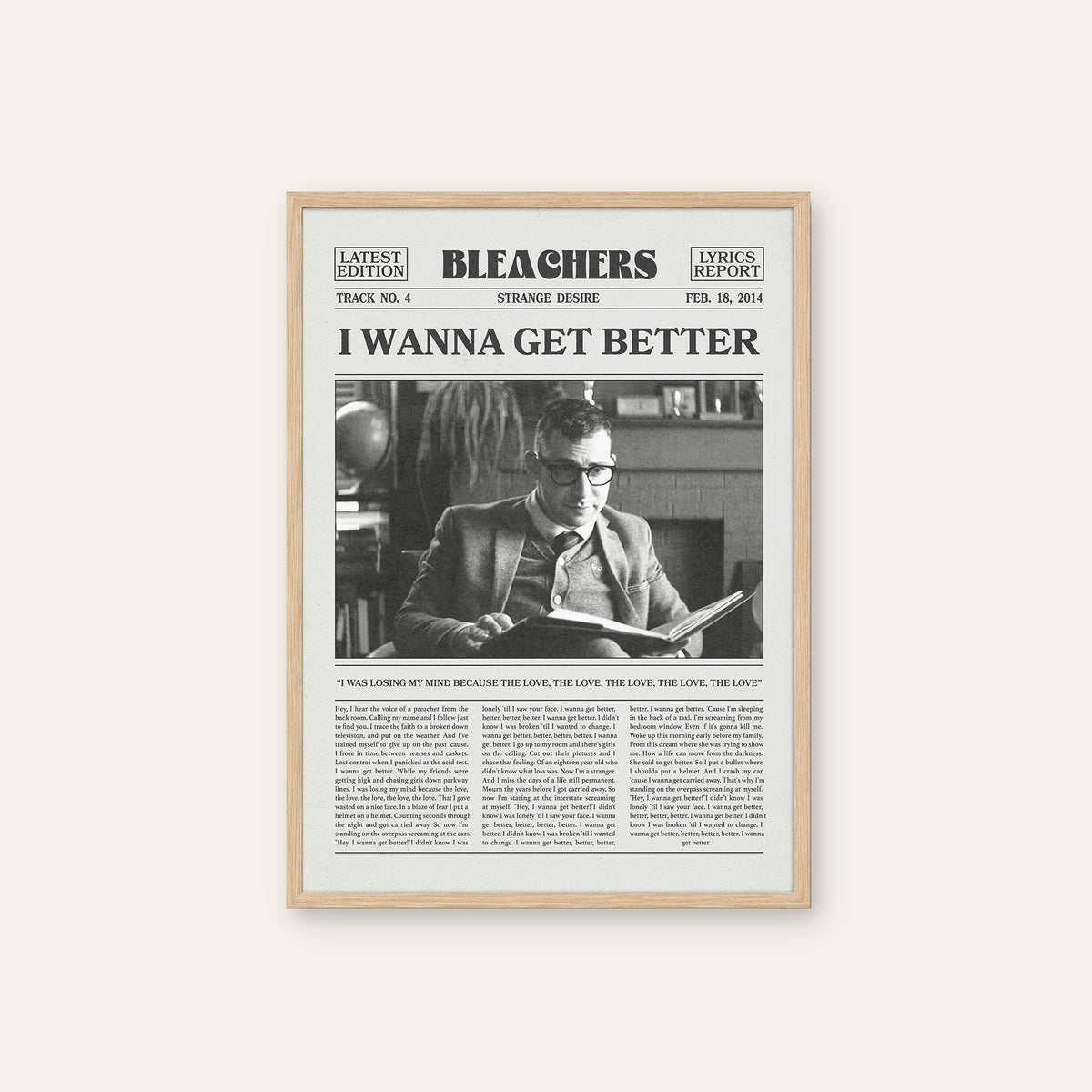 Bleachers I Wanna Get Better newspaper poster — natural wood frame
