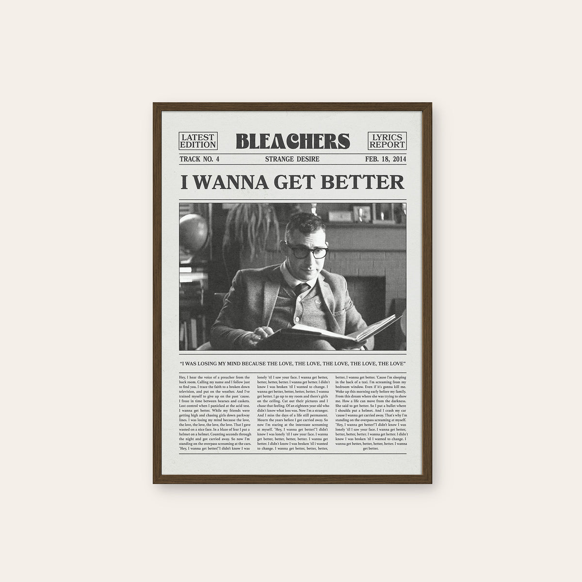 Bleachers I Wanna Get Better newspaper poster — dark wood frame