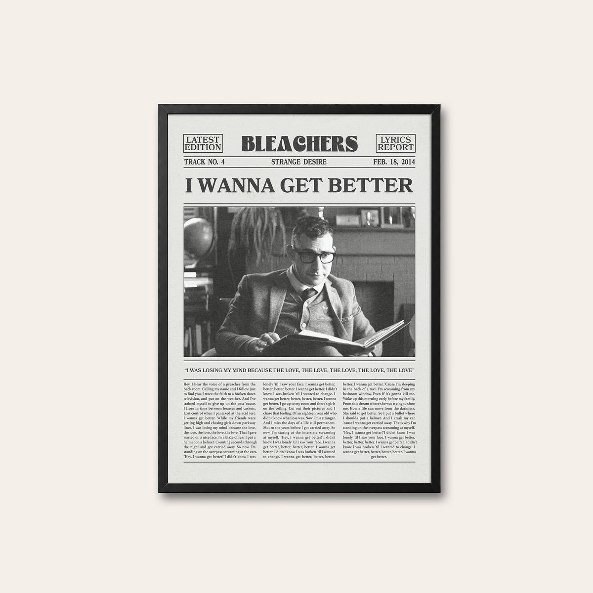 Bleachers I Wanna Get Better newspaper poster — black frame