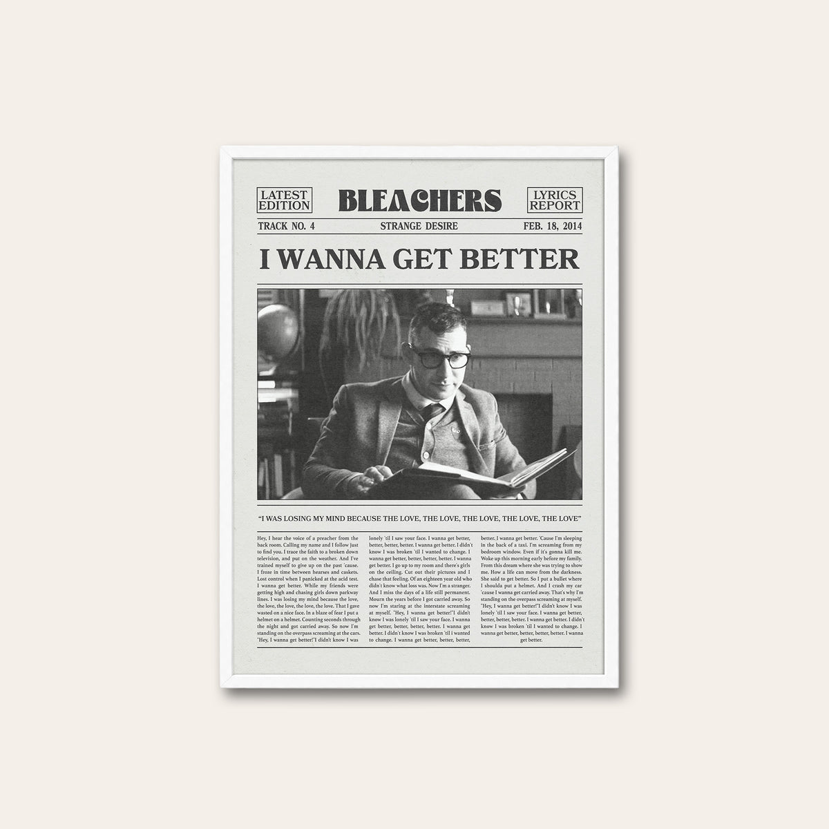 Bleachers I Wanna Get Better newspaper poster — white frame