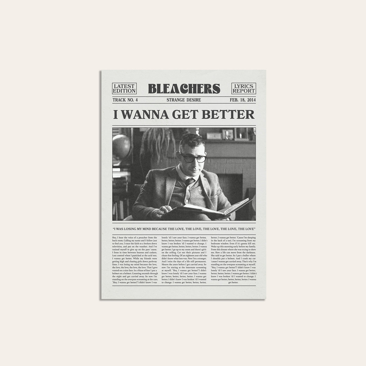 Bleachers I Wanna Get Better newspaper poster — unframed print