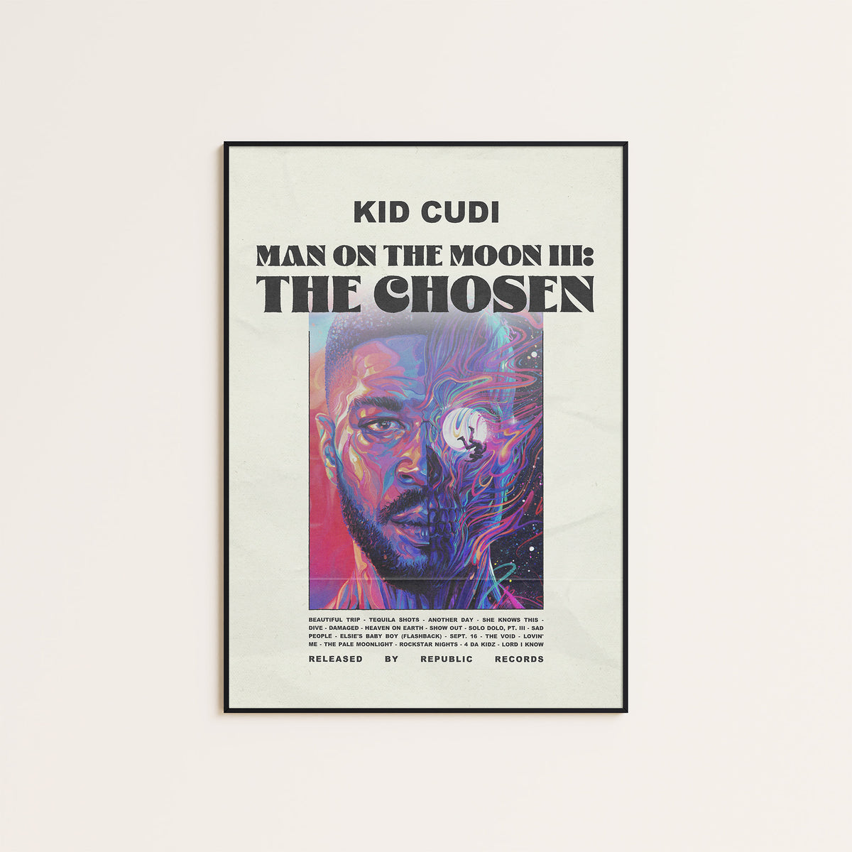Kid Cudi Man on the Moon III newspaper poster — black frame display