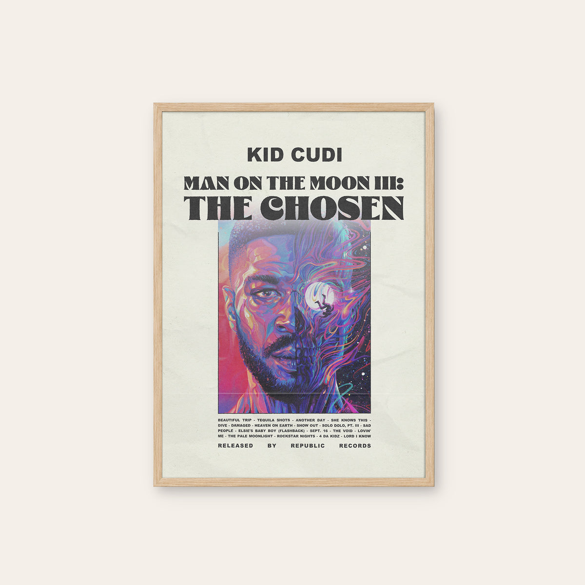 Kid Cudi Man on the Moon III newspaper poster — natural wood frame