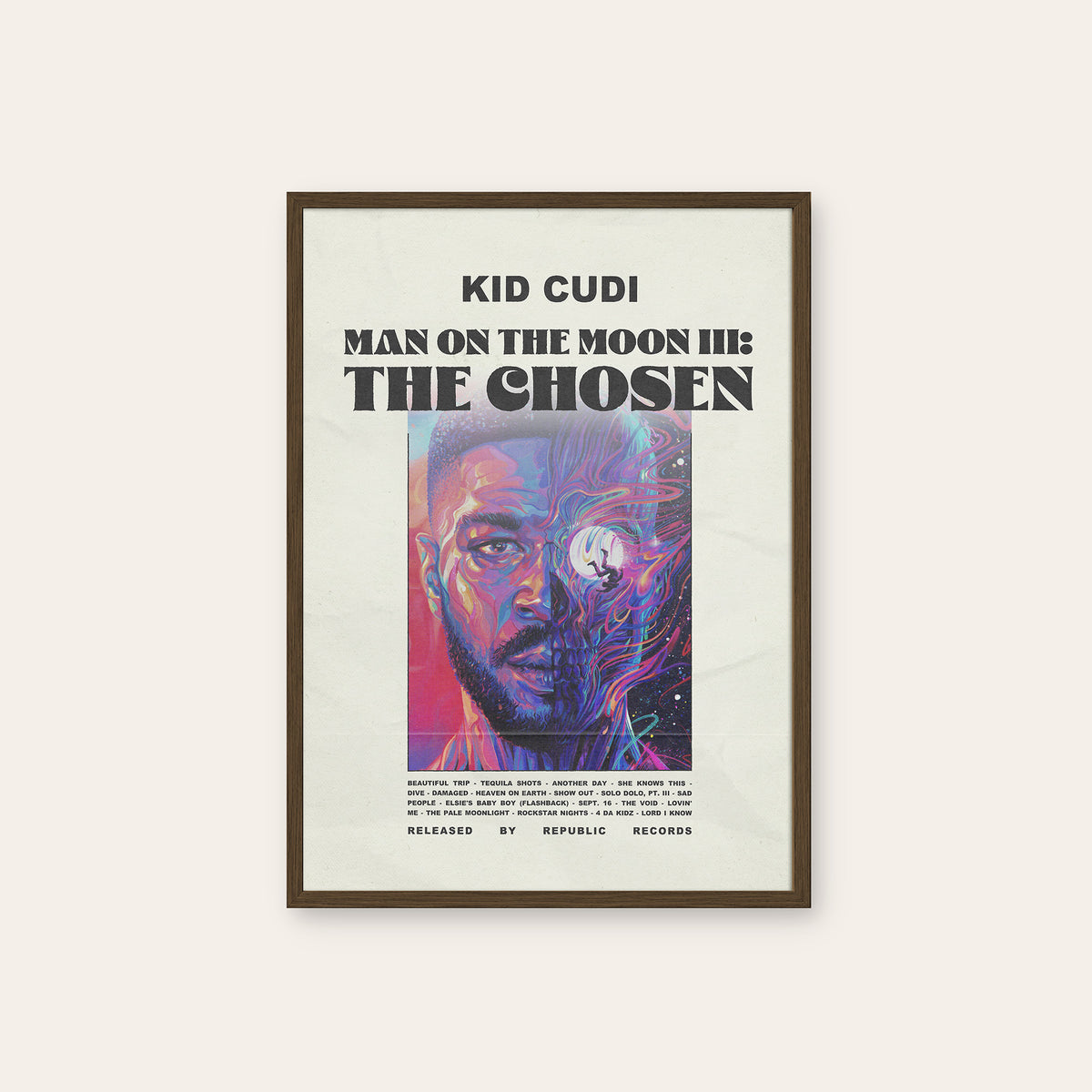 Kid Cudi Man on the Moon III newspaper poster — dark wood frame