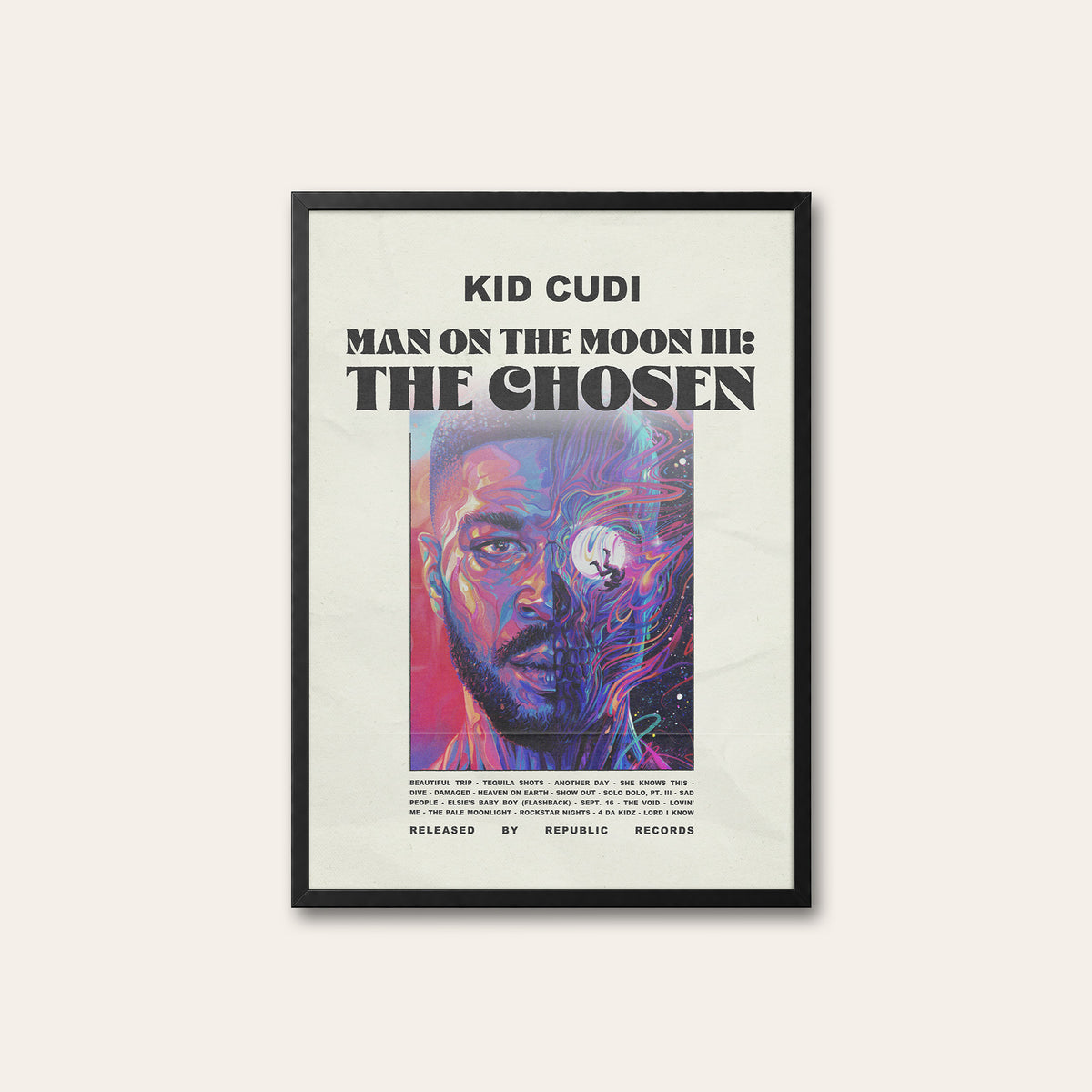 Kid Cudi Man on the Moon III newspaper poster — black frame