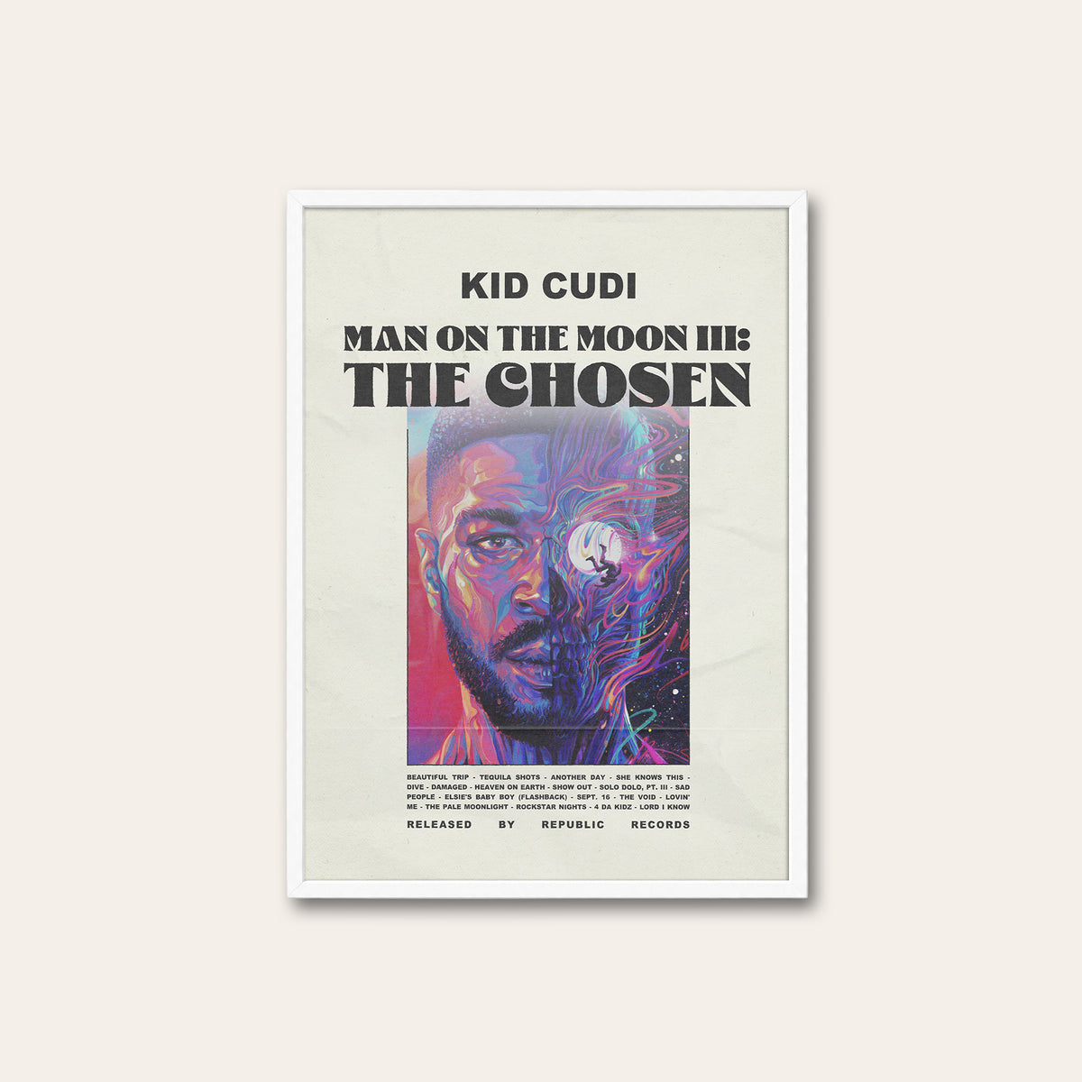 Kid Cudi Man on the Moon III newspaper poster — white frame