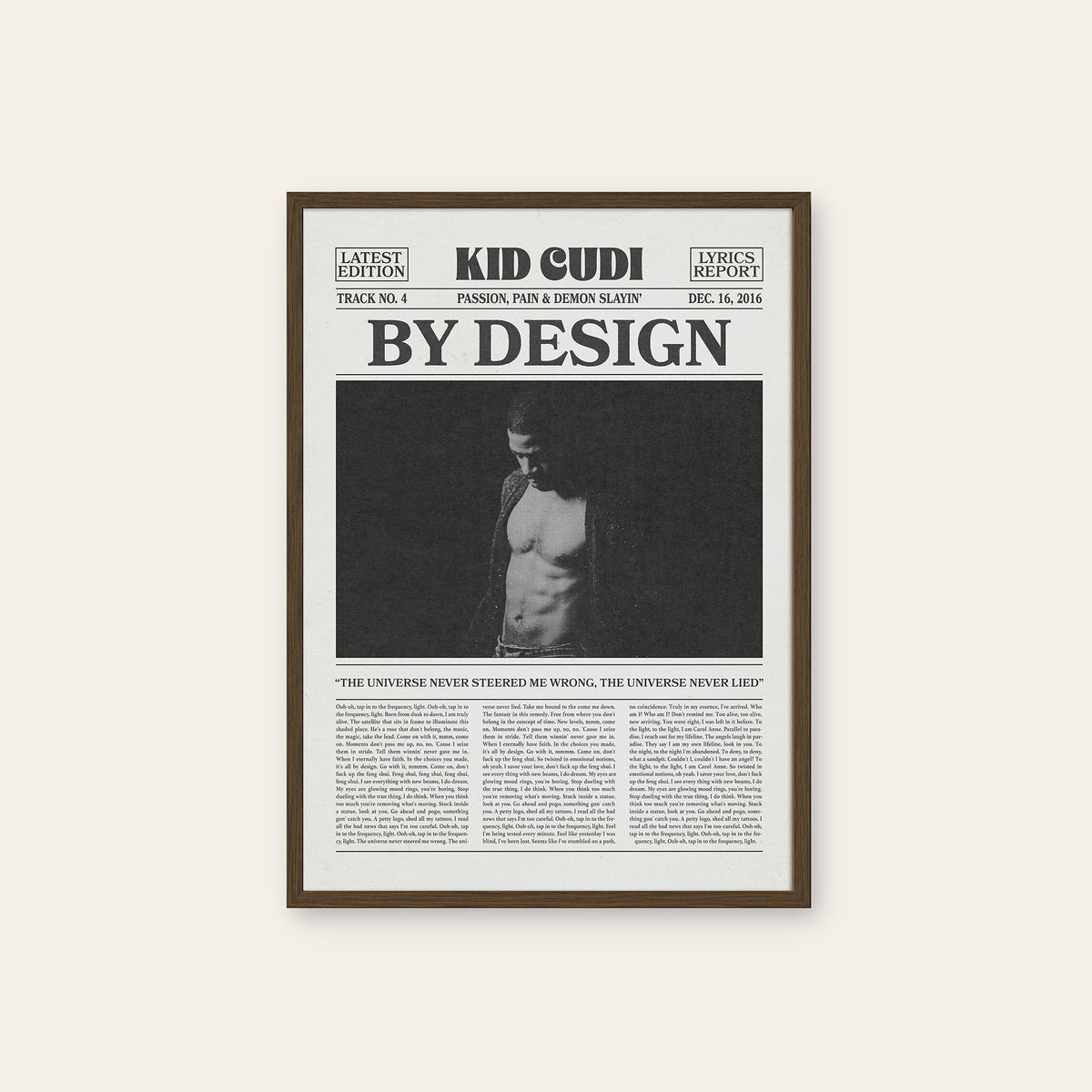 Kid Cudi By Design newspaper poster — dark wood frame