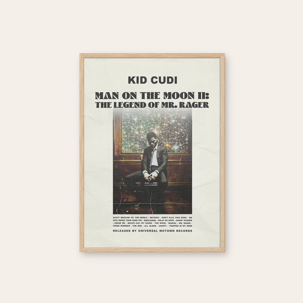 Kid Cudi Man on the Moon II newspaper poster — natural wood frame