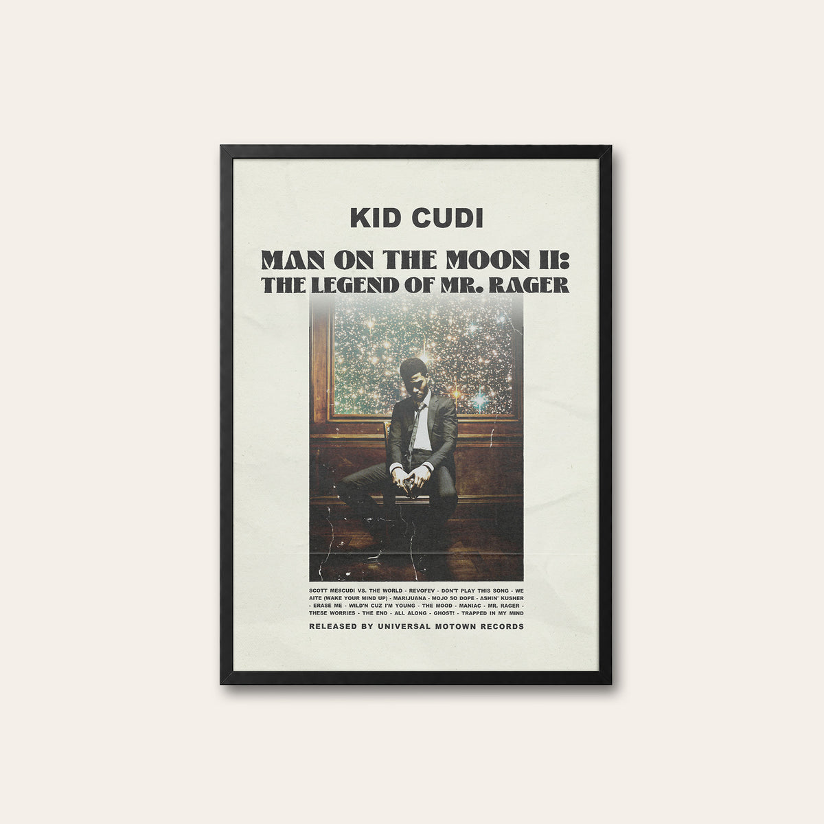 Kid Cudi Man on the Moon II newspaper poster — black frame