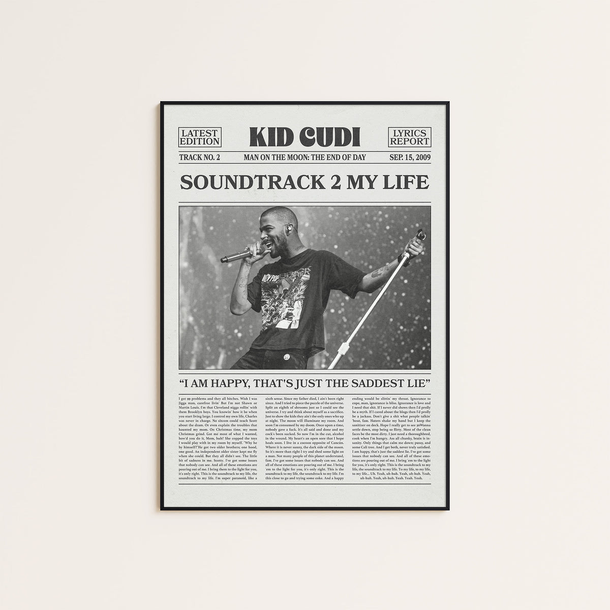 Kid Cudi Soundtrack 2 My Life newspaper poster — black frame display