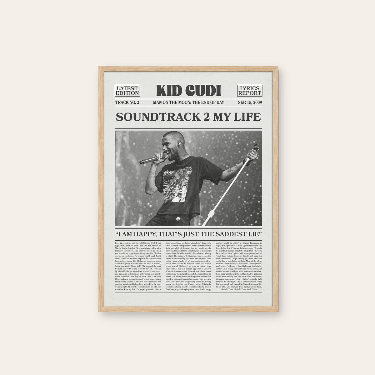Kid Cudi Soundtrack 2 My Life newspaper poster — natural wood frame