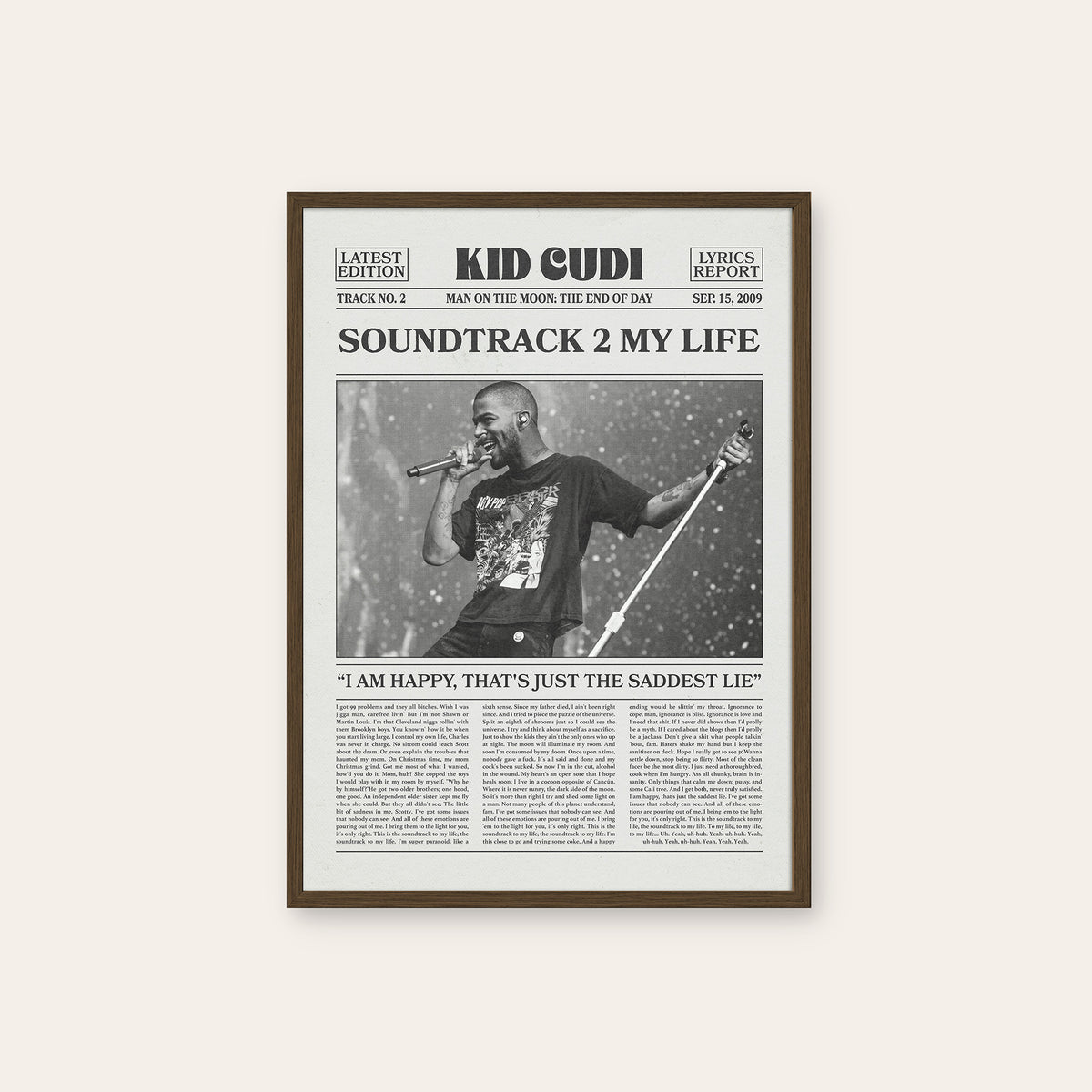 Kid Cudi Soundtrack 2 My Life newspaper poster — dark wood frame