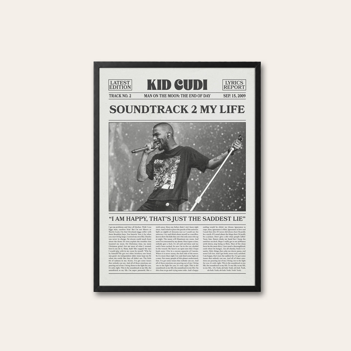 Kid Cudi Soundtrack 2 My Life newspaper poster — black frame