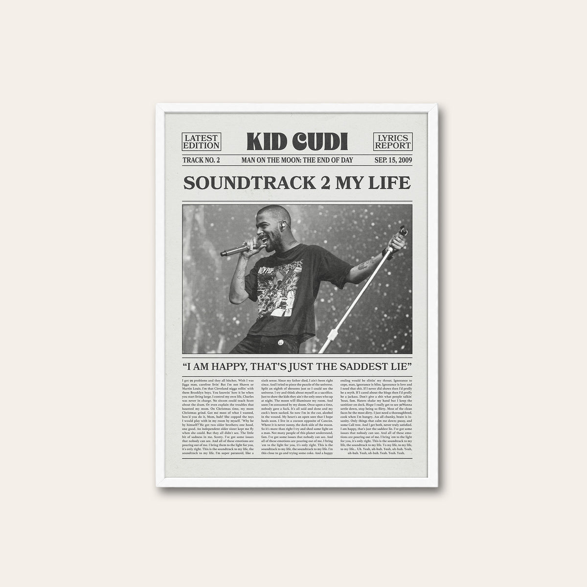 Kid Cudi Soundtrack 2 My Life newspaper poster — white frame