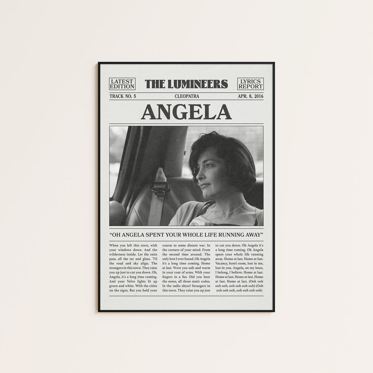 The Lumineers Angela newspaper poster — black frame display
